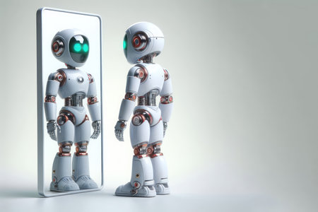A robot looking at itself in the mirror. Space for textの素材