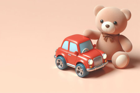 A toy bear near a small car. Space for textの素材