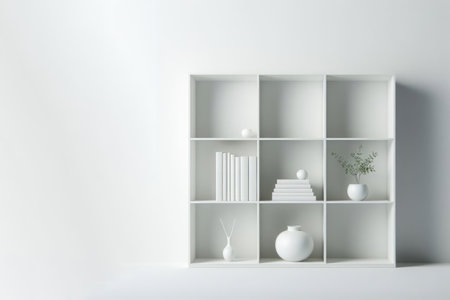 A white shelf against a light wall. Space for textの素材