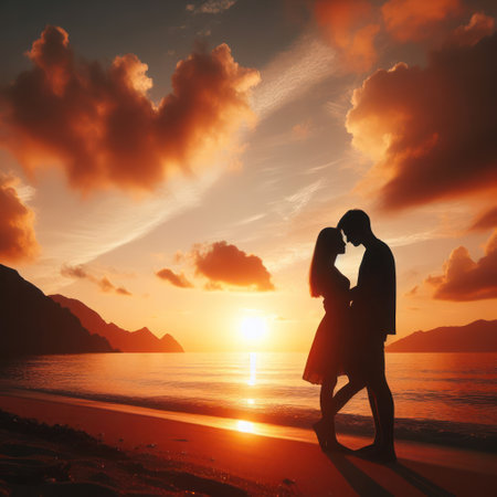 Silhouettes of a couple in love by the sea against the background of a sunny sunsetの素材