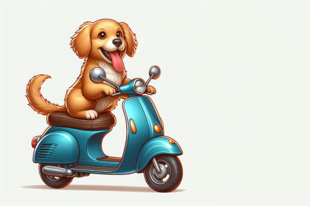Happy dog sitting on a scooter. Space for textの素材