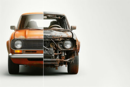 The car consists of two kinds, painted and rusted. Space for textの素材