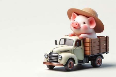 A pig in a hat sitting in the back of a truck. Space for textの素材