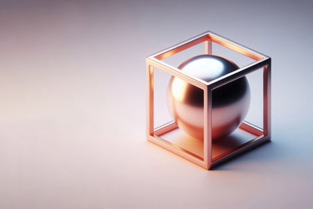 A metal ball inside a cube. Space for textの素材