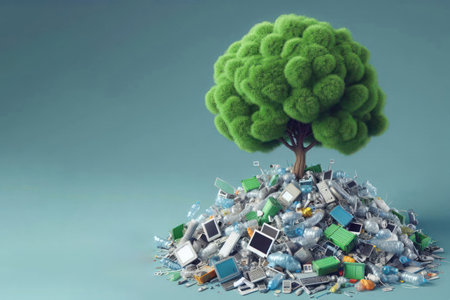 A green tree growing on a pile of plastic garbage. Space for textの素材