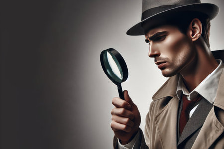 A detective with a magnifying glass. Space for textの素材
