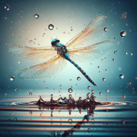 A dragonfly flying over the waterの素材