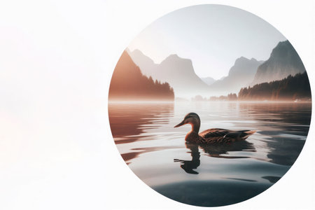 A lone duck swimming in a lake. Space for textの素材