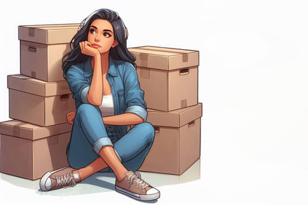 A thoughtful woman sitting near cardboard boxes. Space for textの素材