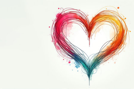 A multi-colored love heart painted with lines and colors. Space for textの素材