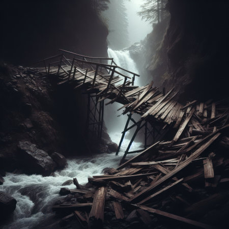 A destroyed wooden bridge over the riverの素材
