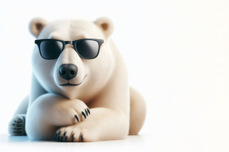 Polar bear lying in sunglasses. Space for textの素材
