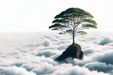 A solitary tree growing at the top above the clouds. Space for textの素材