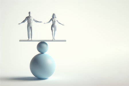 A man and a woman are balancing standing on balls standing on top of each other. Space for textの素材