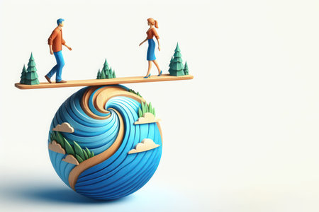 A man and a woman walking towards each other on a board, balancing on a ball. Abstractionの素材