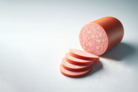 Sausage cut into slices. Space for textの素材