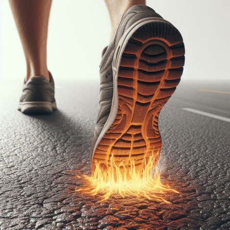 Fire under the sole of sneakers on the asphaltの素材