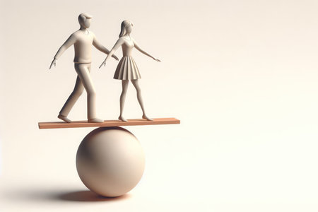 A man and a woman are balancing on a ball while standing on a board. Space for textの素材