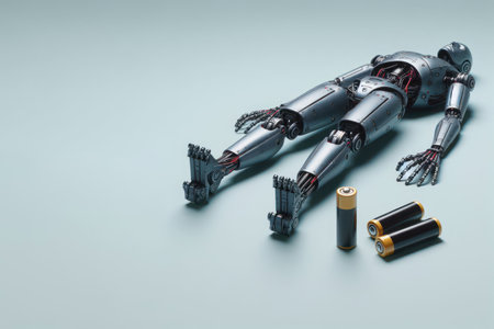 A robot lying on its back with batteries lying next to it. Space for textの素材