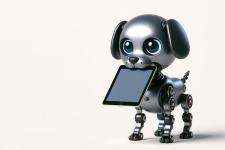 Robot dog holding a tablet in his teeth. Space for textの素材