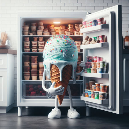 A large ice cream standing against the background of an open refrigerator, completely filled with a frosted oneの素材