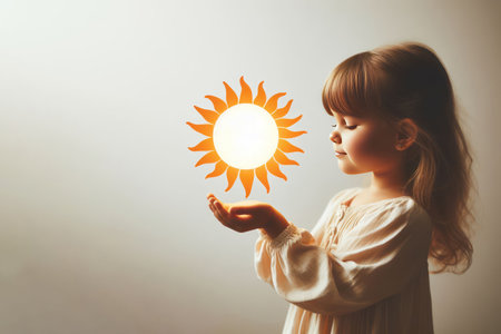 A little sun over the hands of a little girl. Space for textの素材