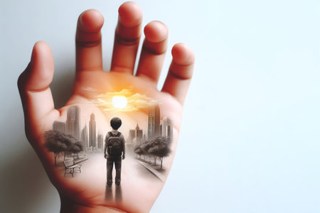 A human palm with an illustration of a little boy standing in front of a city. Space for textの素材