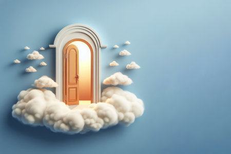 An open door standing on the clouds. Space for textの素材