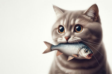 A cat with a fish in its teeth. Space for textの素材
