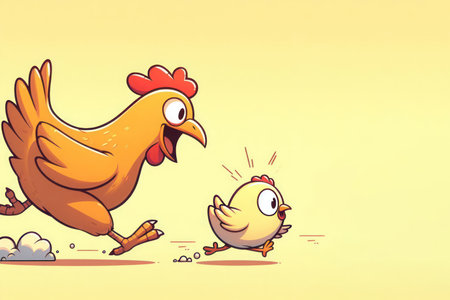 The hen is chasing the chicken. Space for textの素材