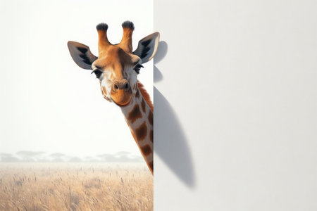 A giraffe peeking around the corner. Space for textの素材