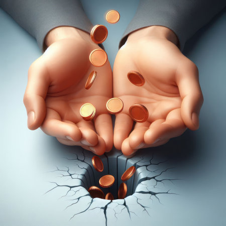 Coins falling into a black hole past their hands. Space for textの素材