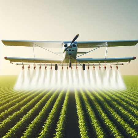 The plane flies over the field, spraying itの素材