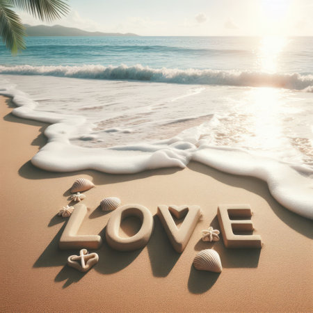 The inscription love on a sandy beach by the seaの素材