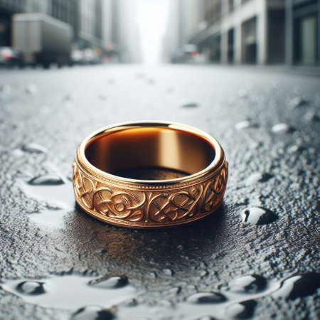 A single golden ring lying on the wet asphalt of the roadの素材