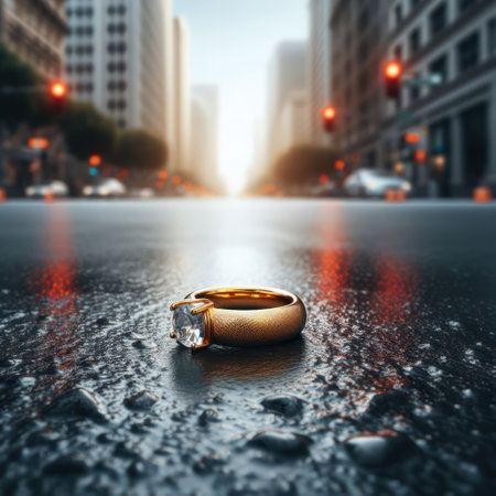 A single gold ring lying on the wet asphalt of a big city roadの素材
