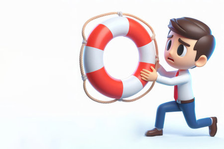 A man with a lifebuoy. Space for textの素材