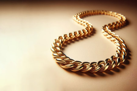 A gold chain lying on a clean surface. Space for textの素材