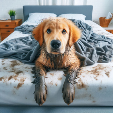 Dirty dog lying on the bedの素材