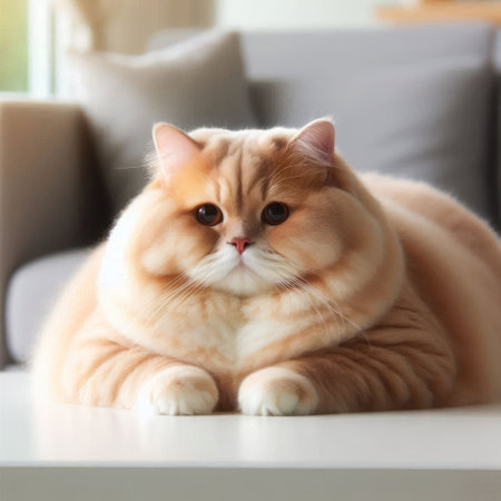 A fat, lying cat in the roomの素材
