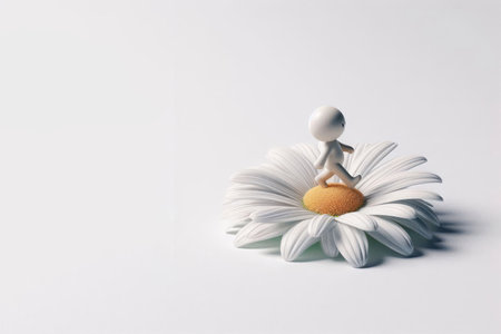 A little man walking on a daisy. Space for textの素材