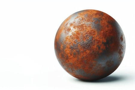 A rusty metal ball on a white background. Space for textの素材