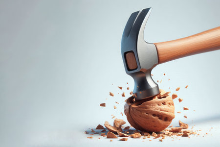 A hammer breaking a walnut. Space for textの素材