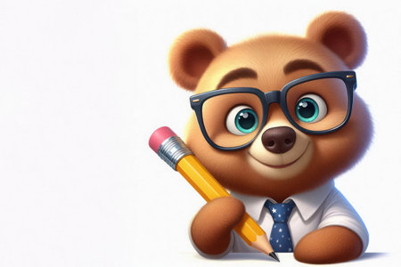 A smart bear with glasses and a pencil. Space for textの素材
