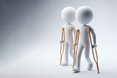Little men walking on crutches on a light background. Space for textの素材
