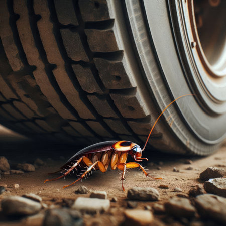 Cockroach running under the wheel of a carの素材