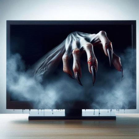 A terrible hand climbs out of the TV screenの素材