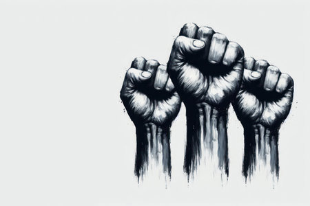 Protest fists raised up. Space for textの素材