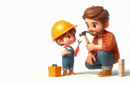 A father gives his little son a hammer. Space for textの素材