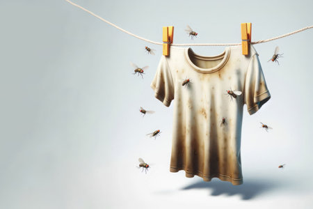 A dirty T-shirt hanging on a clothesline, surrounded by flying flies. Space for textの素材